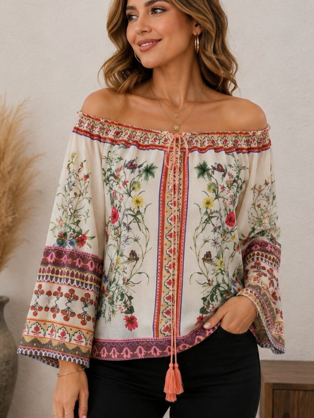 Umgee USA Womens Floral Embroidered Boho Size S With Tassels & Bell Sleeves
